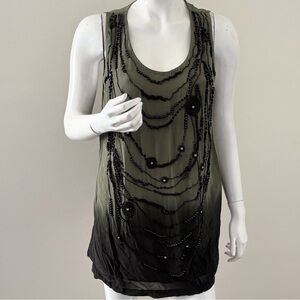 Gold Hawk Black & Green Beaded Ombre Silk Tank Tunic or Mini Dress
